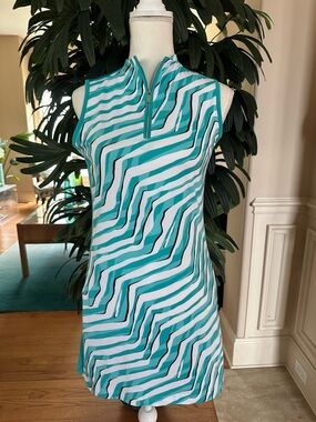 💚Tail Dresses Teal & White Striped Geometric Print Mini Dress Size S💚